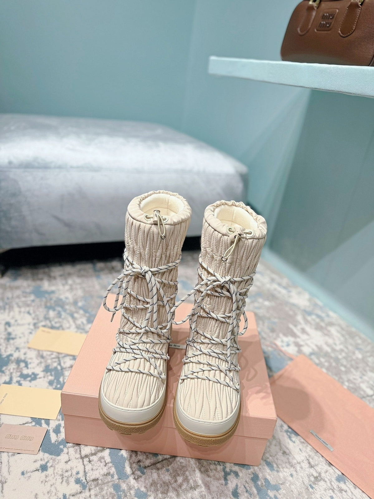 Miumiu 26s Ankle Snow Boots Beige Fabric Style 14