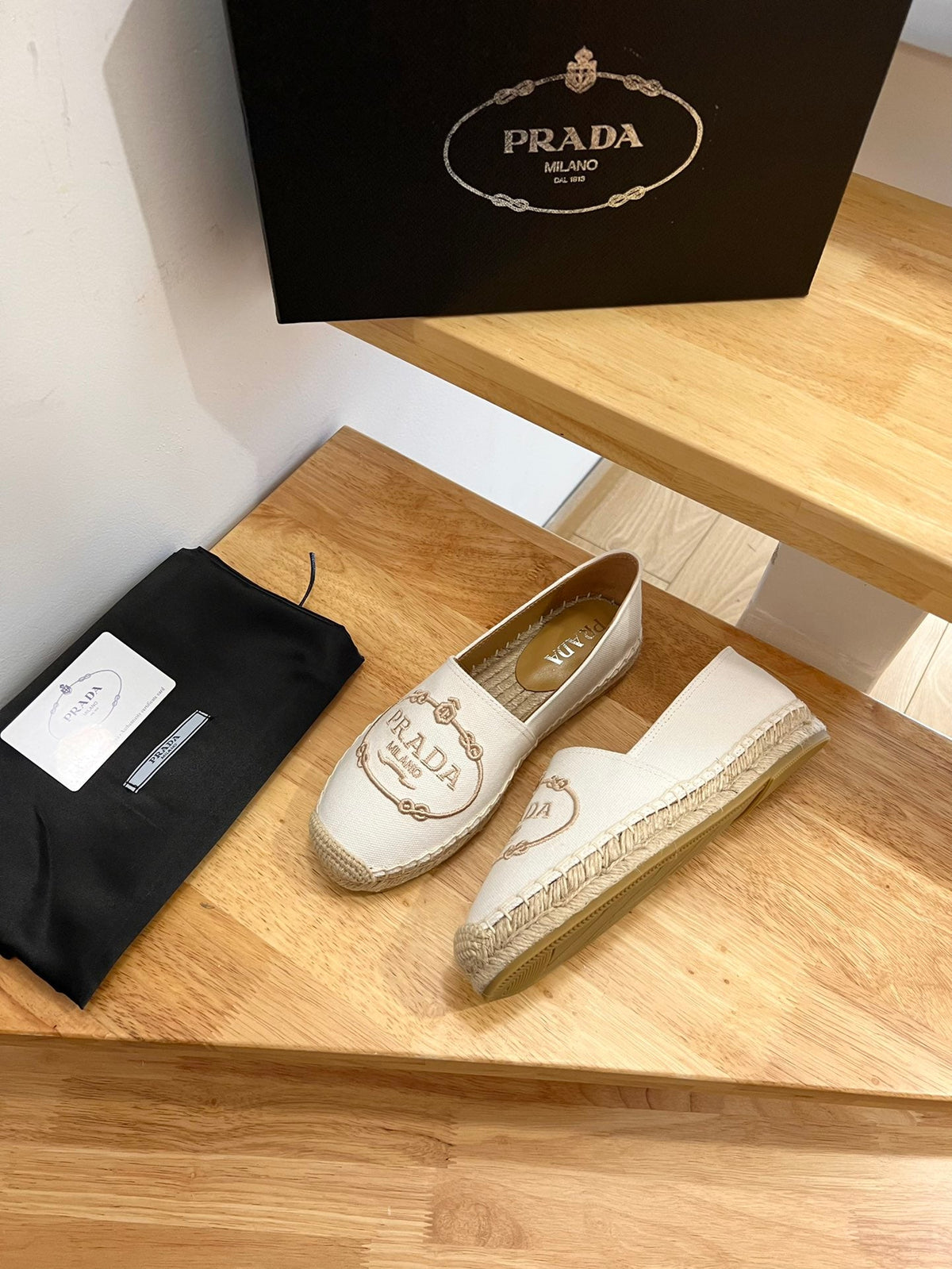 Prada 26s Embroidered Logo Espadrille Flats Ivory White Canvas