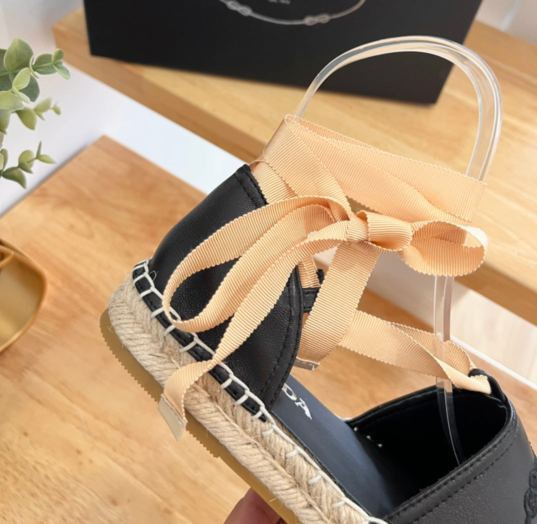 Prada 26s Lace Up Espadrille Flats Black Calfskin