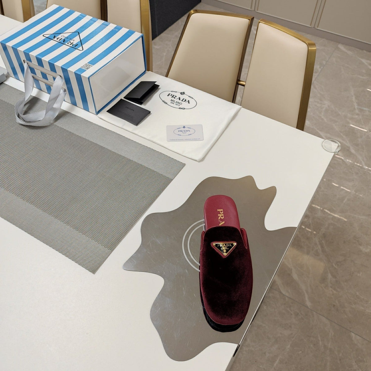 Prada 26s Square Toe Slippers Burgundy Red Velvet
