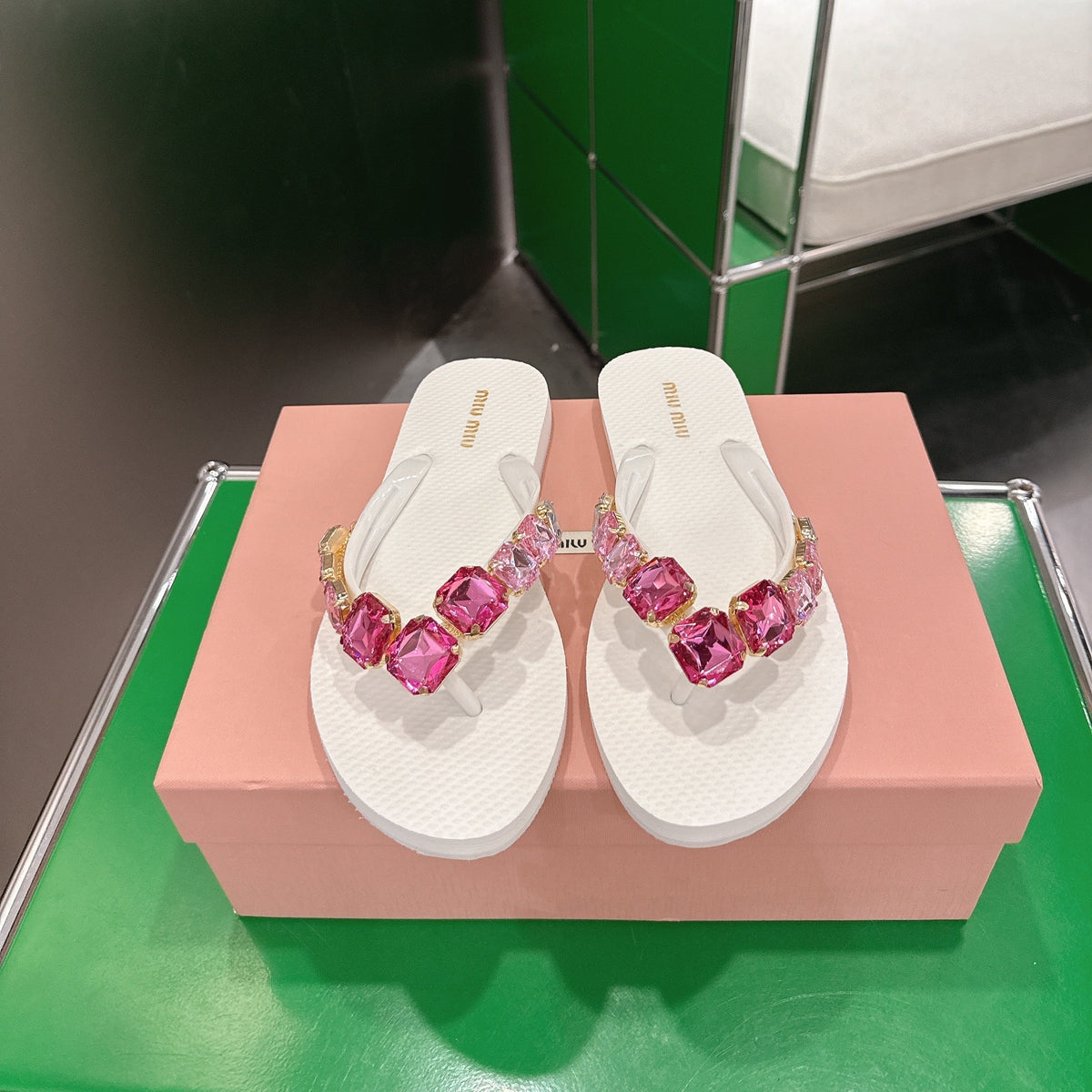 Miumiu 26s Thong Sandals White Eva Pink Crystal-embellished