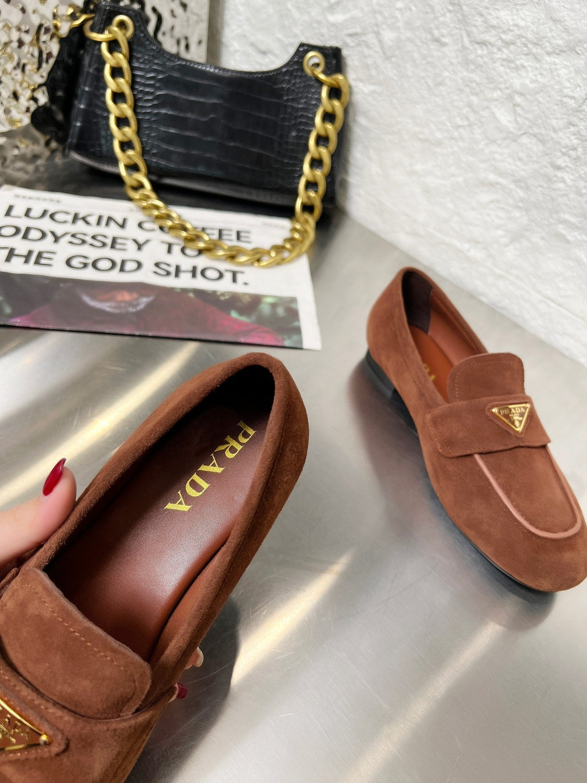 Prada 26S Classic Loafers Chocolate Brown Logo Suede