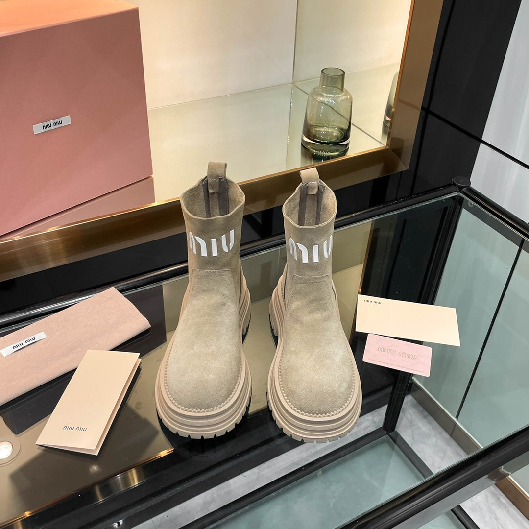 Miumiu 26s Logo Chunky Ankle Boots Beige Suede