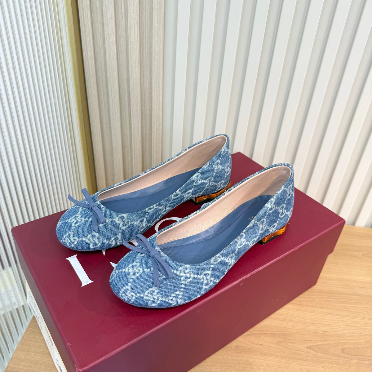 GG 26S Horsebit Ballet Flats Bow Detail Blue GG Canvas 141311