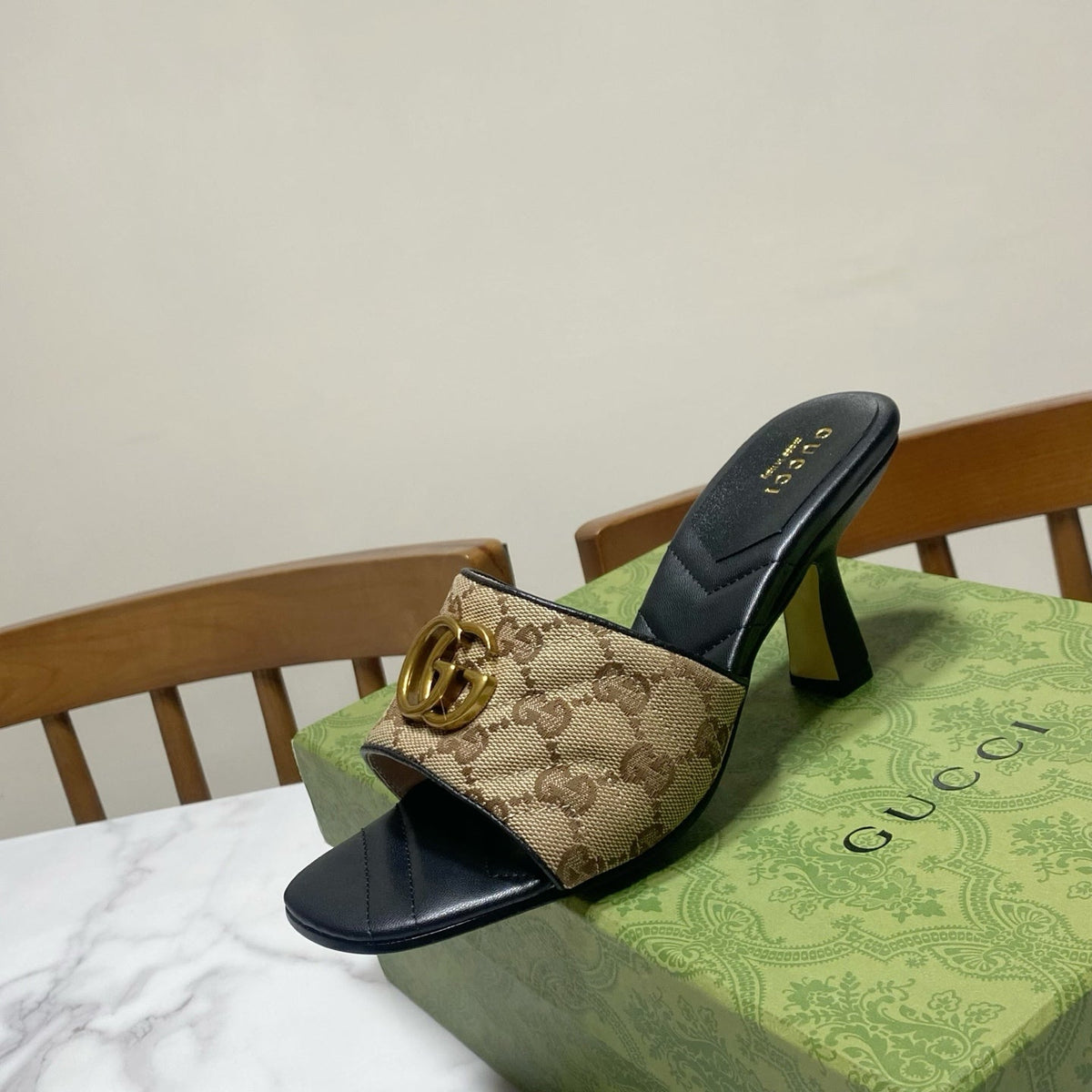 Gucci 26s Heeled Slides 7.5cm Sand Brown Canvas And Black Lambskin