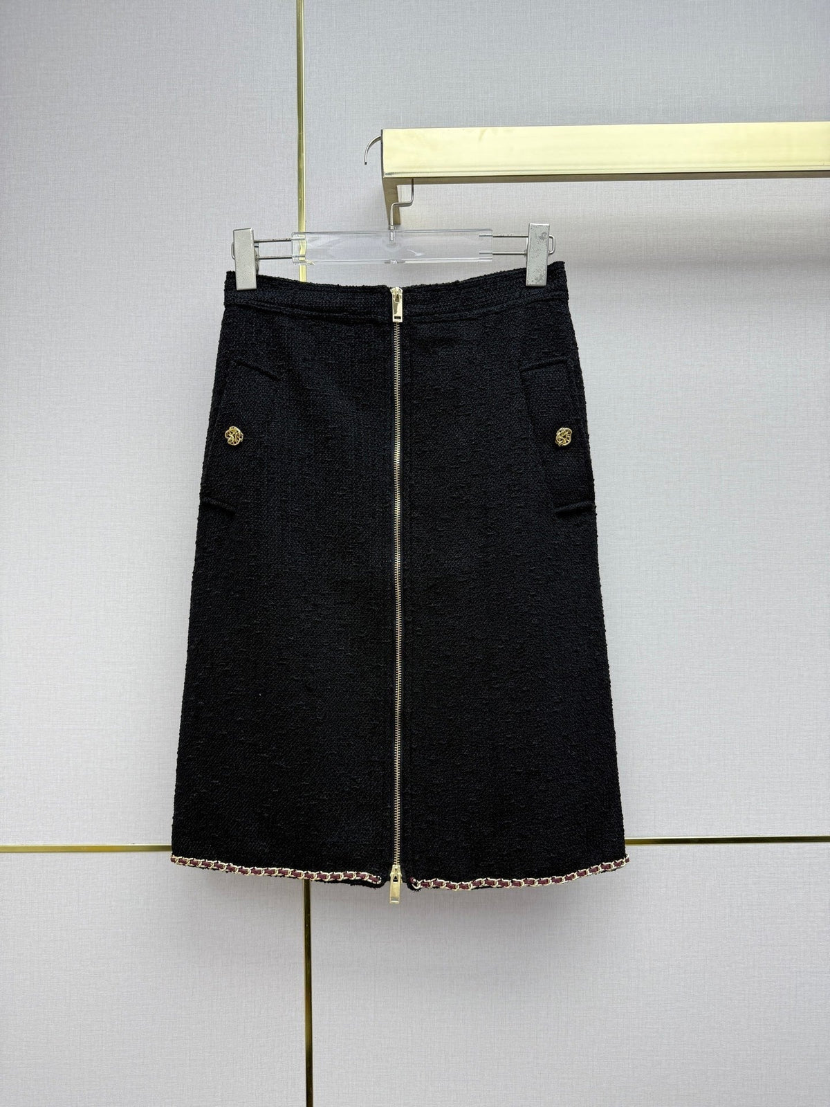 CC 26SS Tweed Zip-Up Jacket & High-Waisted Midi Skirt Set Black Cotton 437540
