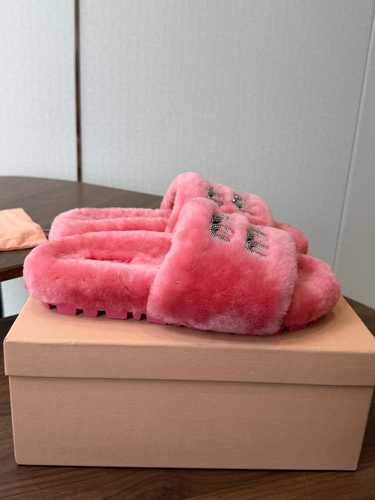 Miumiu 26s Crystal Logo Slides Pink Shearling