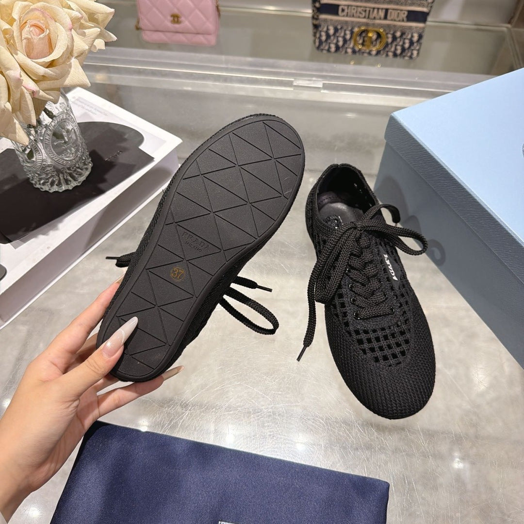 Prada 26s Lace Up Openwork Knit Sneakers Black Knit Fabric