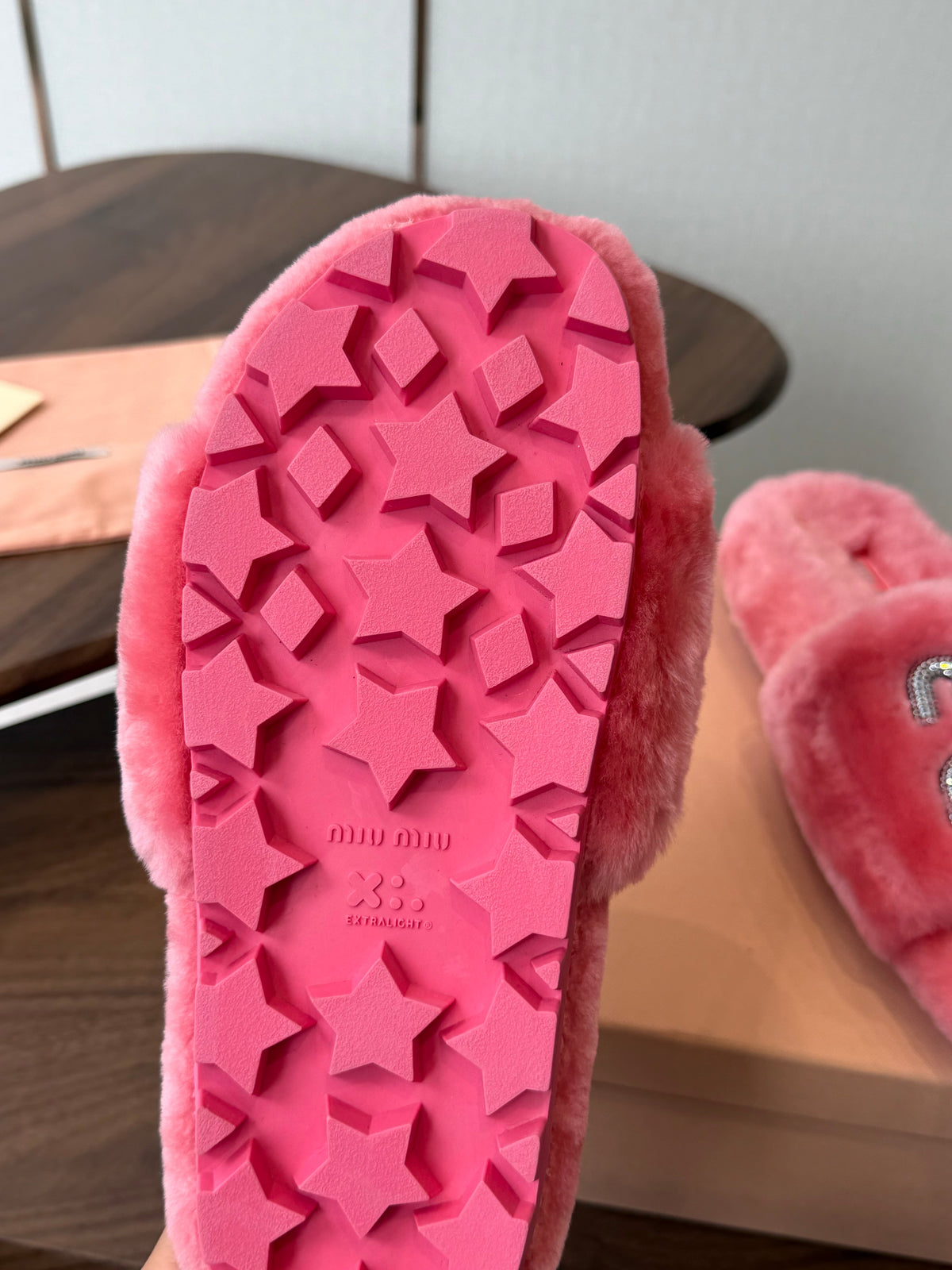 Miumiu 26s Crystal Logo Slides Pink Shearling