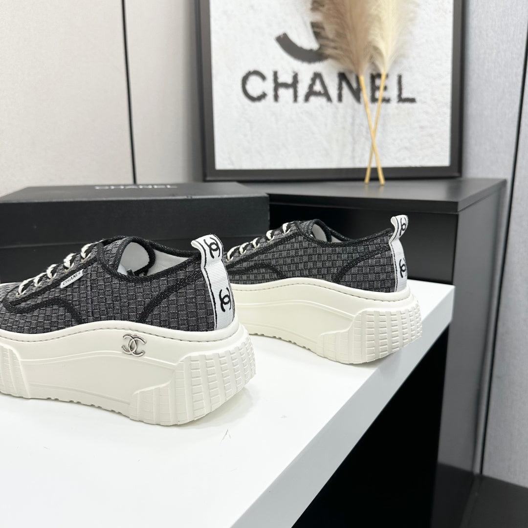 CC 26S Chunky Sneakers in Black Checkered Woven Fabric