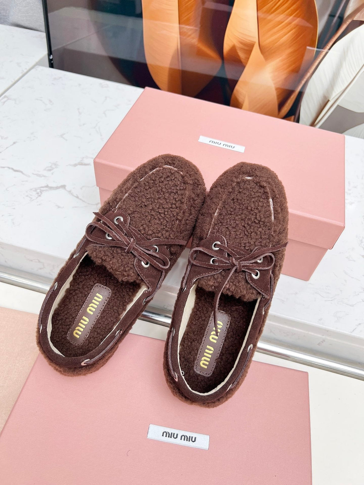 Miumiu 26s Boat Loafers Dark Brown Shearling