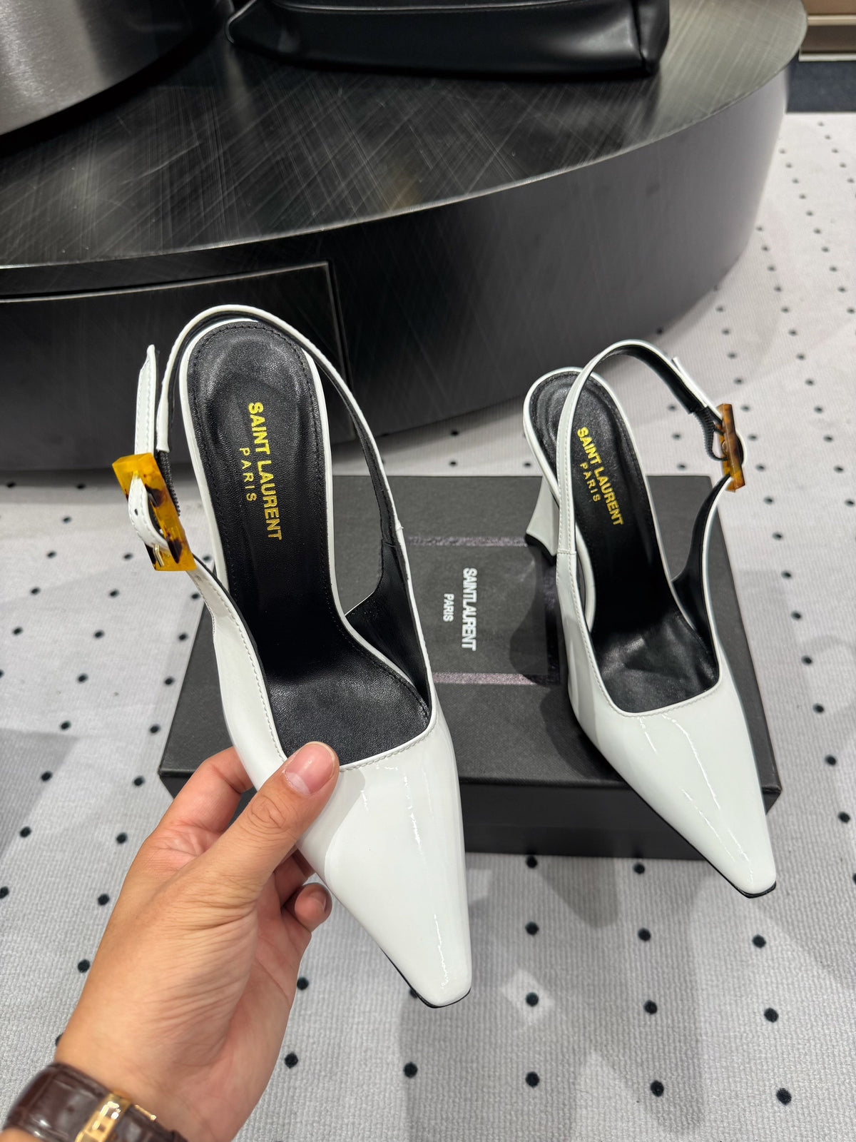 YSL 26s Slingback Heels 10.5cm White Glossy Calfskin With Buckle Closure