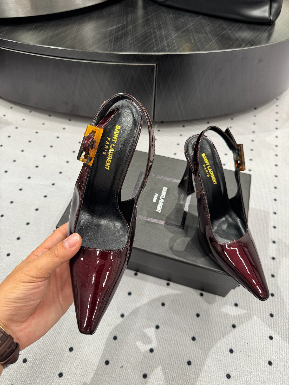 YSL 26s Slingback Heels 10.5cm Dark Red Glossy Calfskin With Buckle Closure