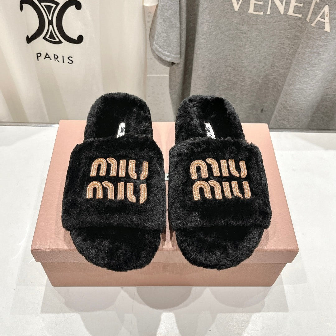 Miumiu 26s Flat Slides Black Shearling