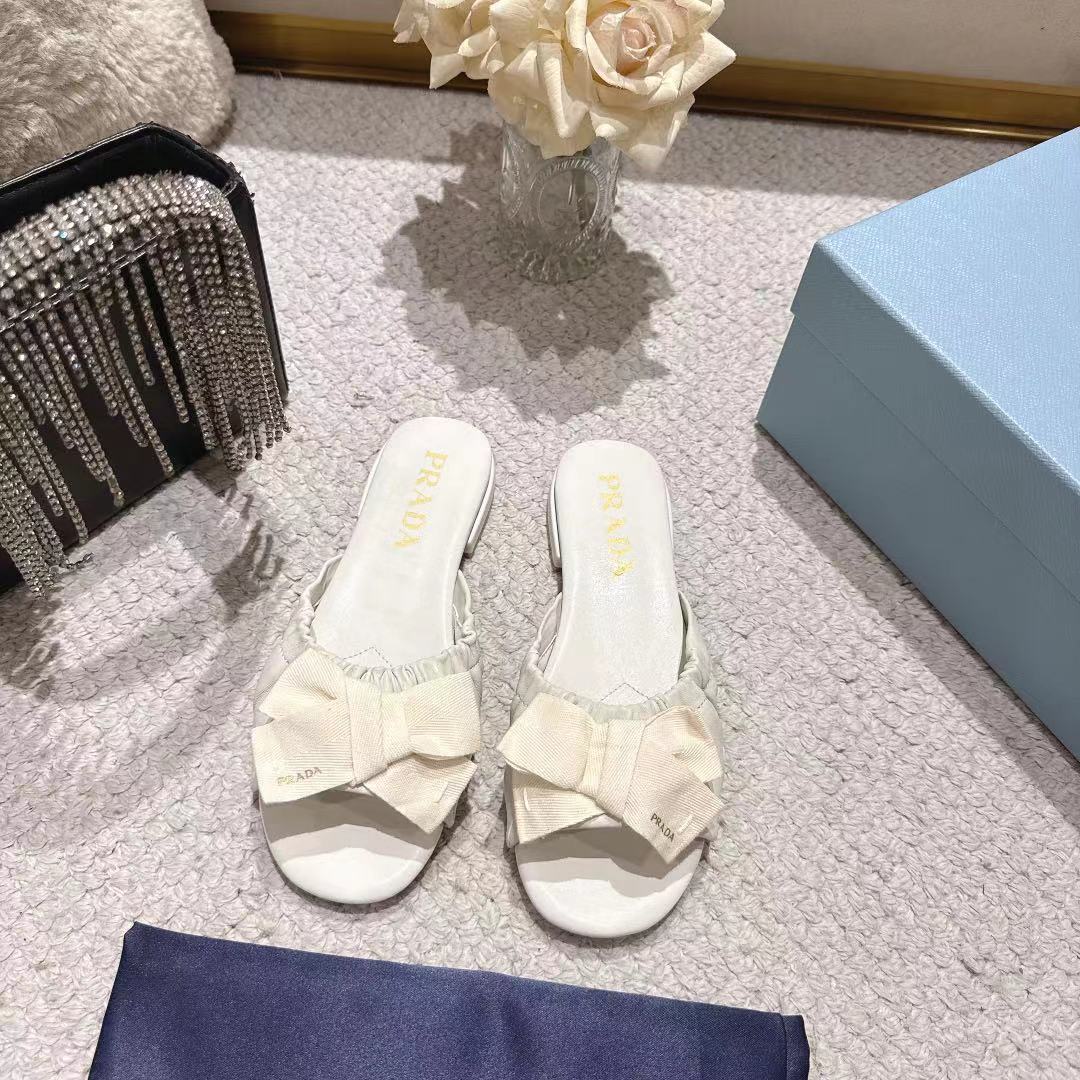 Prada 26s Ruched Bow Slide Sandals Cream White Calfskin