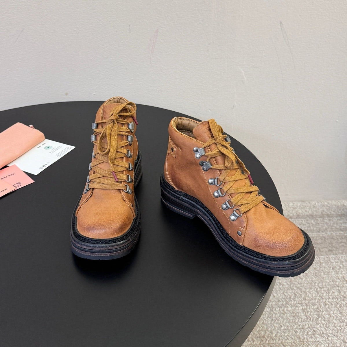 Miumiu 26s Ankle Mountain Boots Camel Brown Calfskin