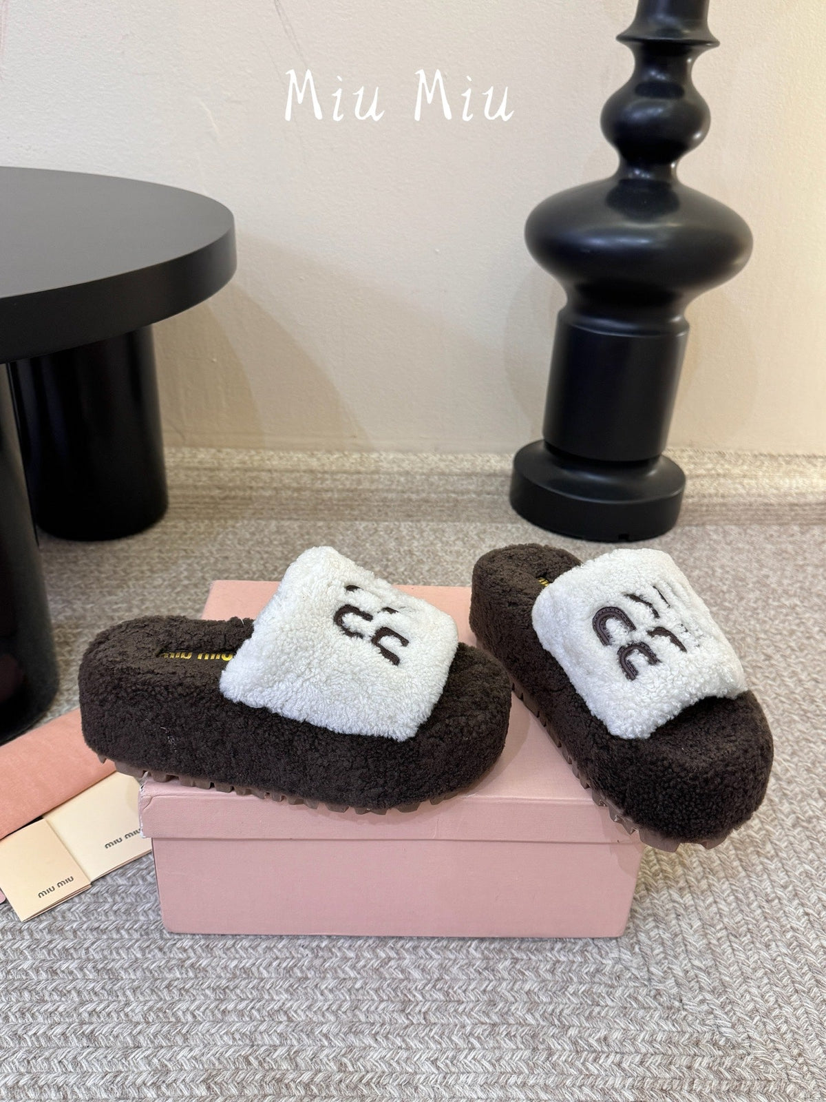 Miumiu 26s Platform Slides Dark Brown And White Shearling