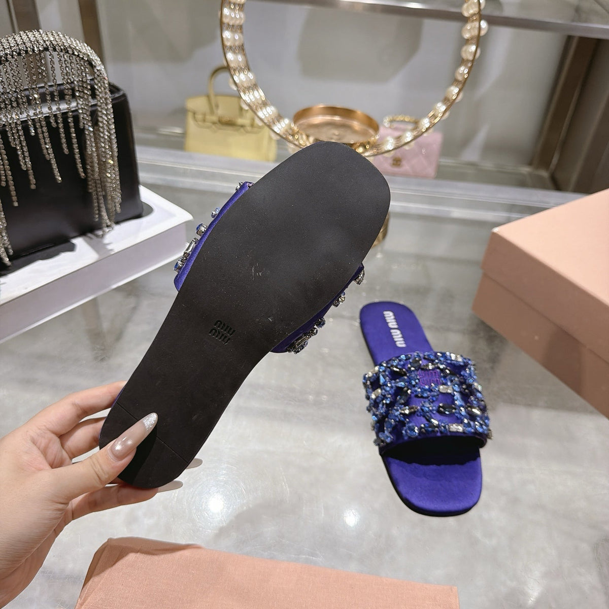 Miumiu 26s Sandals Purple Embellished Silk