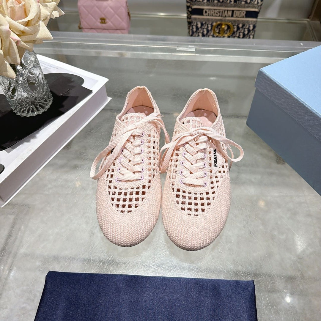 Prada 26s Lace Up Openwork Knit Sneakers Blush Pink Knit Fabric