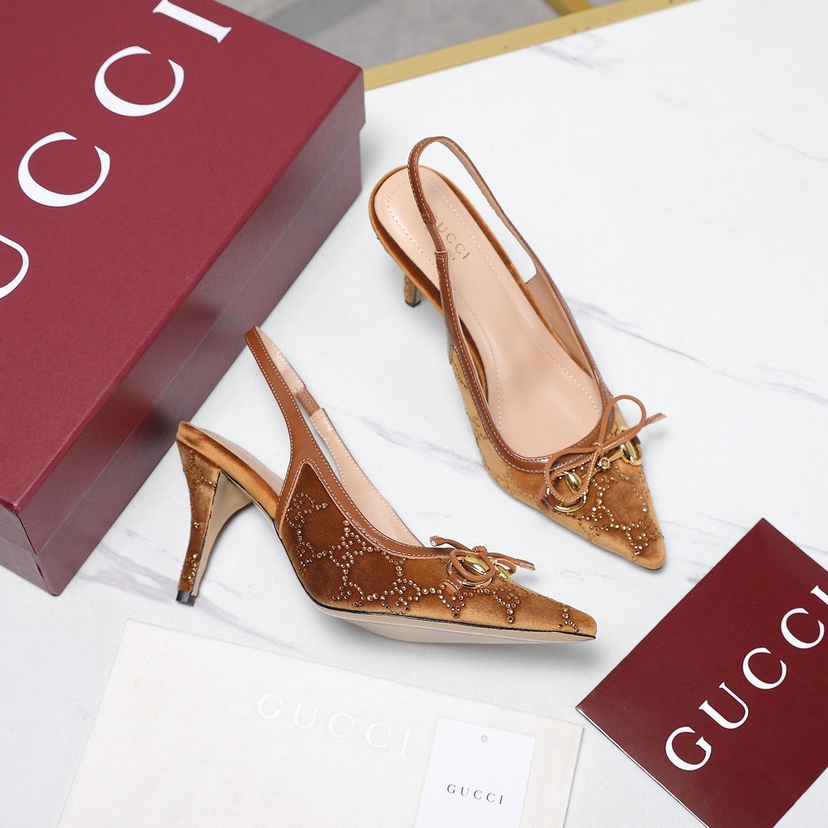 Gucci 26s Slingback Pumps 10cm Caramel Brown Velvet Gold Hardware With Bow