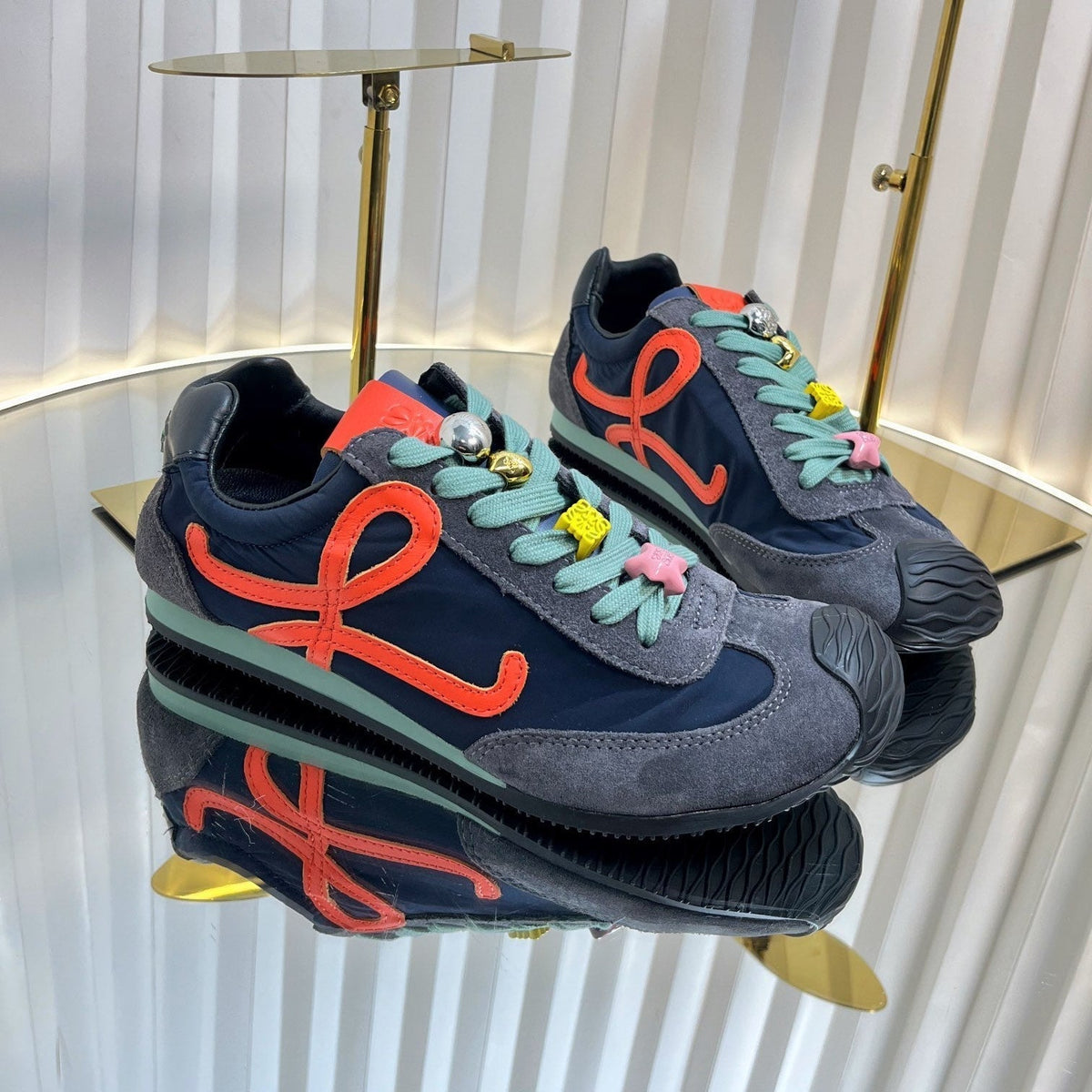 Loewe 26S Runner 2.0 Sneakers in Grey Suede and Navy Blue Fabric