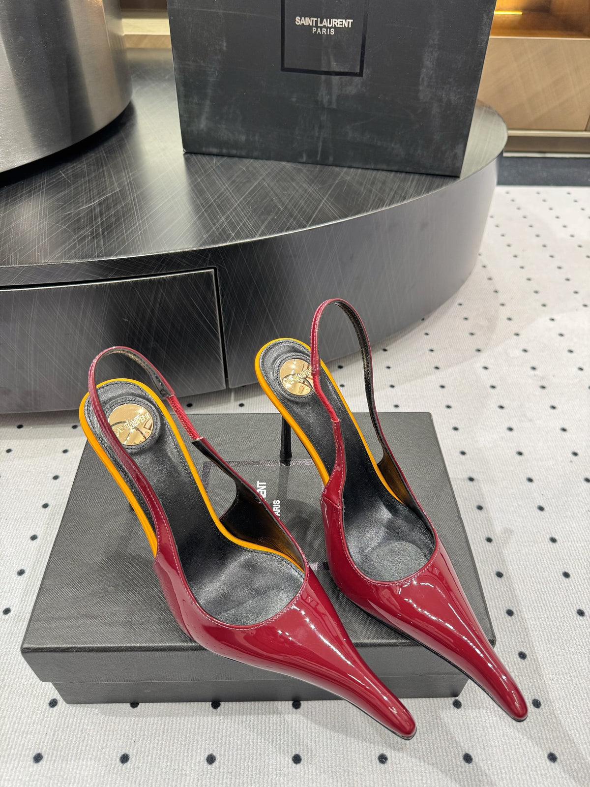 YSL 26s Pointed-Toe Slingback Heels 10.5cm Dark Red Orange Patent Calfskin