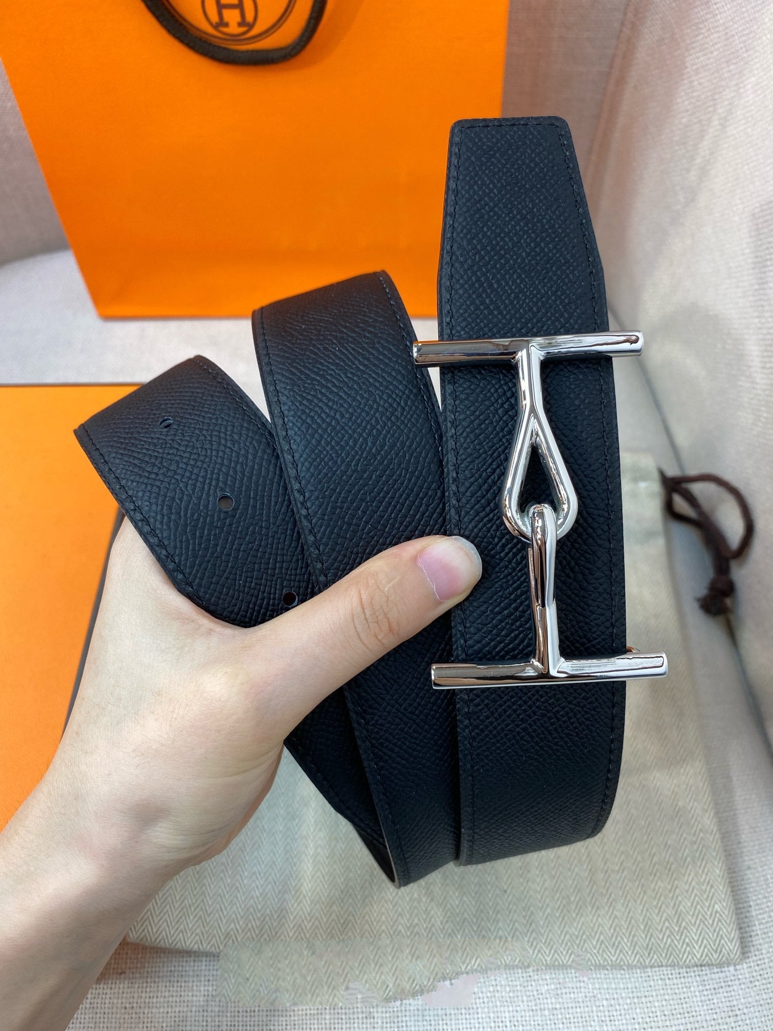 H JUMBO BELT 38MM SILVER BUCKLE BLACK LEATHER