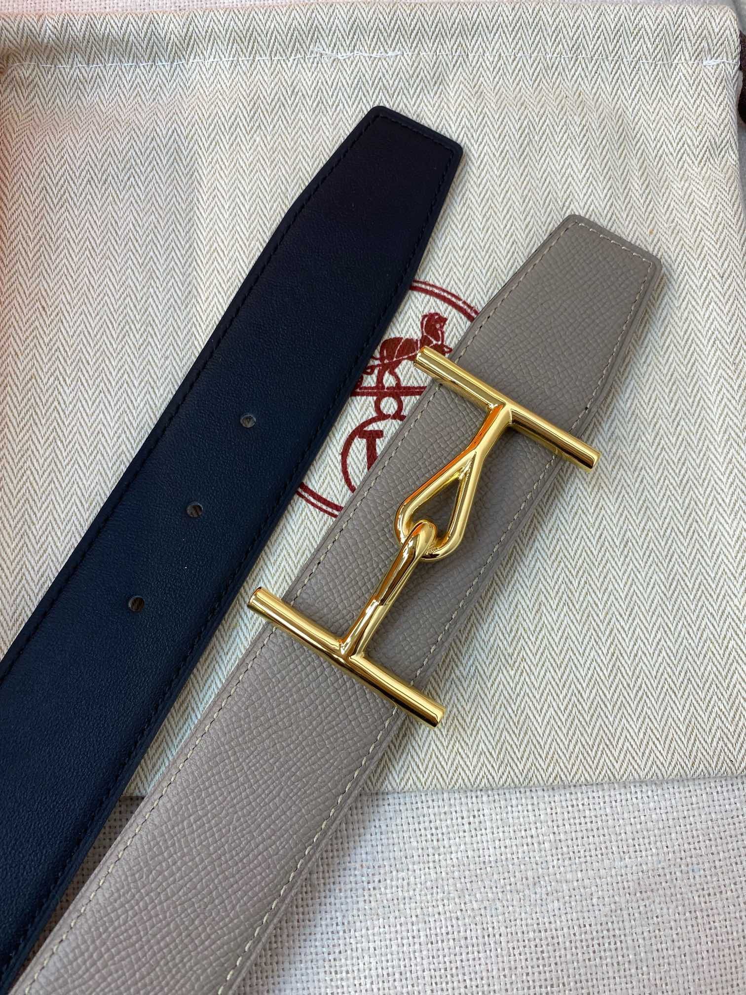 H JUMBO BELT 40MM GOLD BUCKLE BLACK TAUPE LEATHER