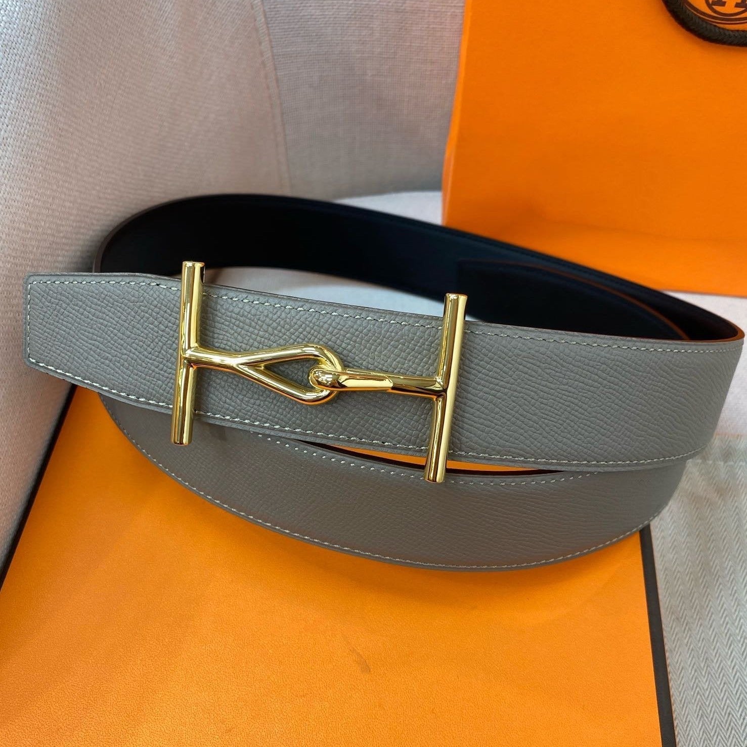 H JUMBO BELT 40MM GOLD BUCKLE BLACK TAUPE LEATHER