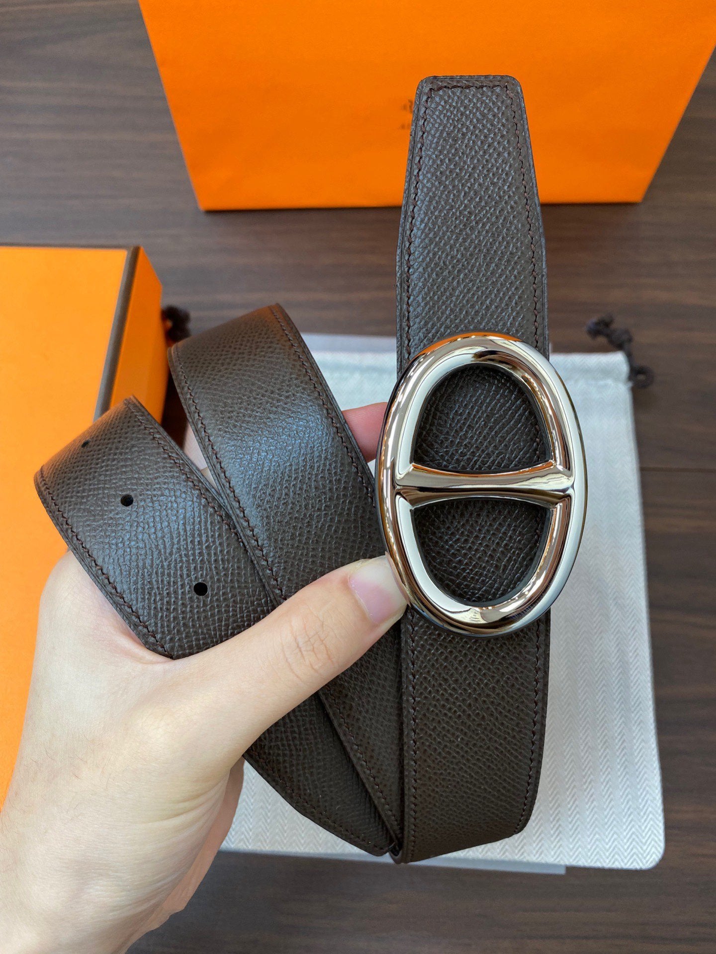 H TWIN REVERSIBLE BELT 32MM SILVER BUCKLE CHOCOLATE BLACK LEATHER
