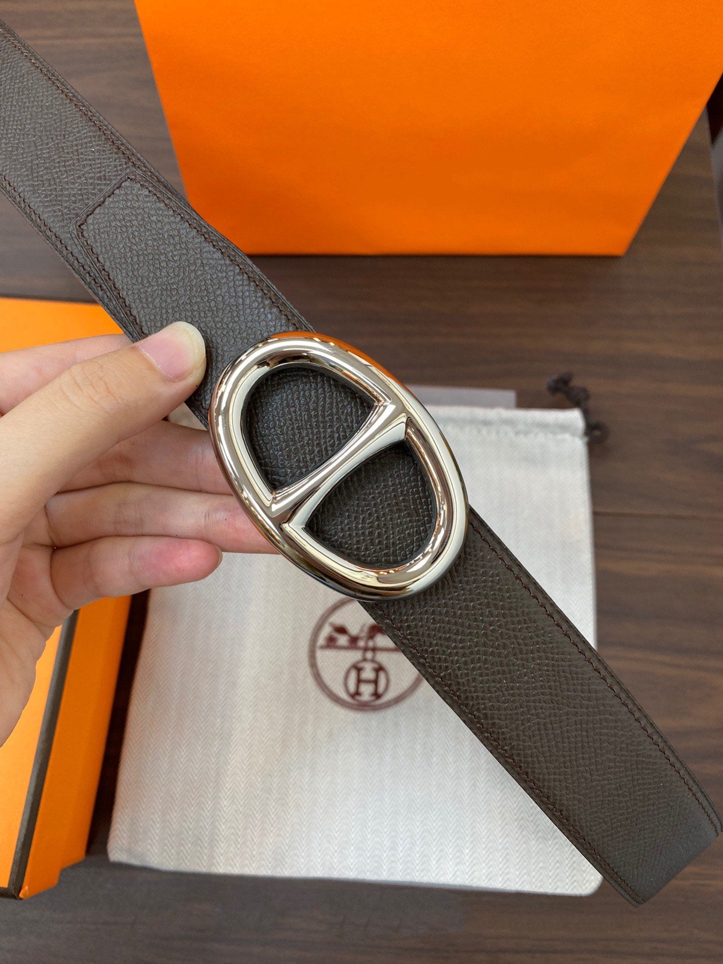 H TWIN REVERSIBLE BELT 32MM SILVER BUCKLE CHOCOLATE BLACK LEATHER