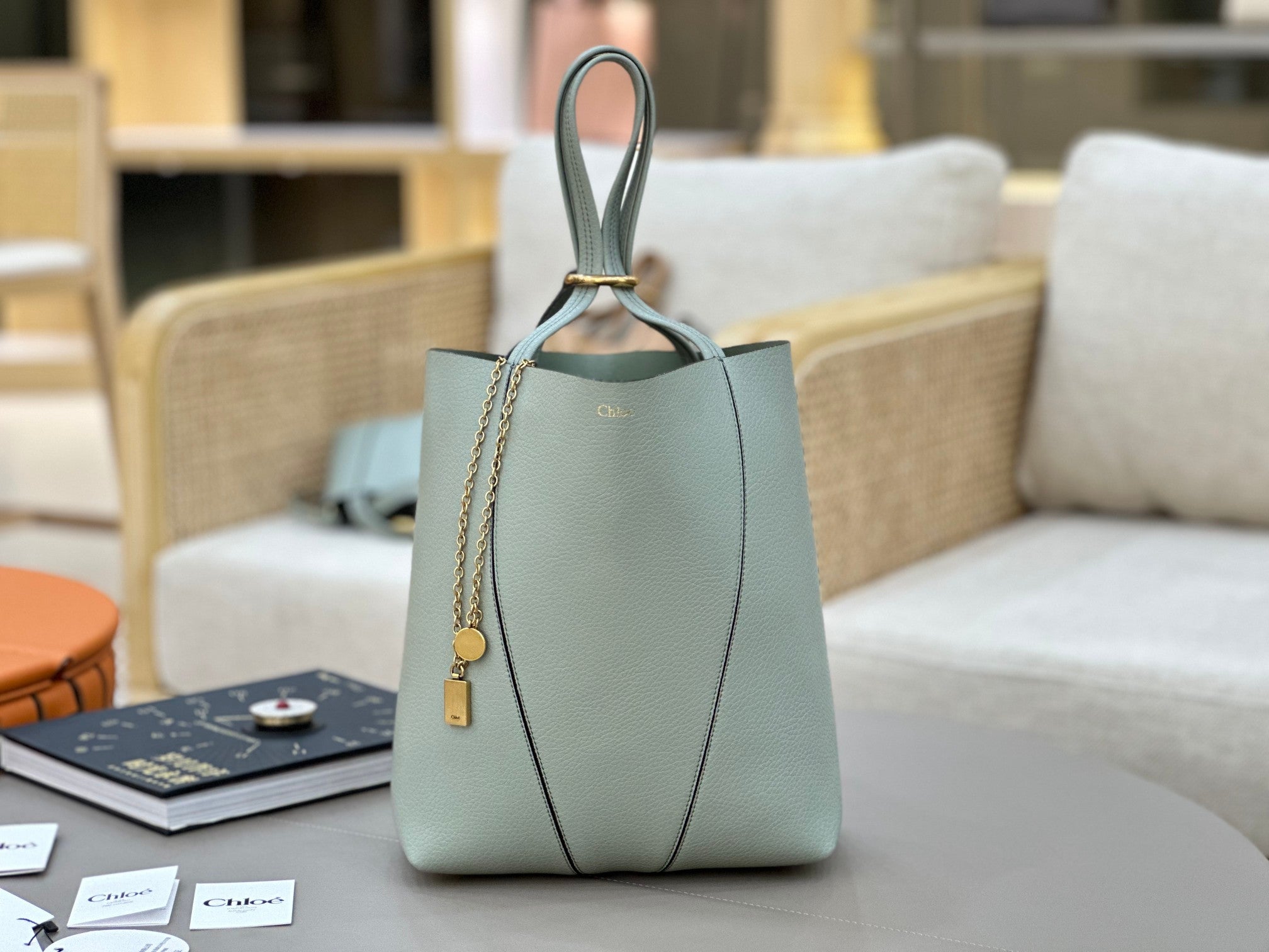 Chloe Spin Tote Bag Medium 27cm Light Blue Calfskin 272309