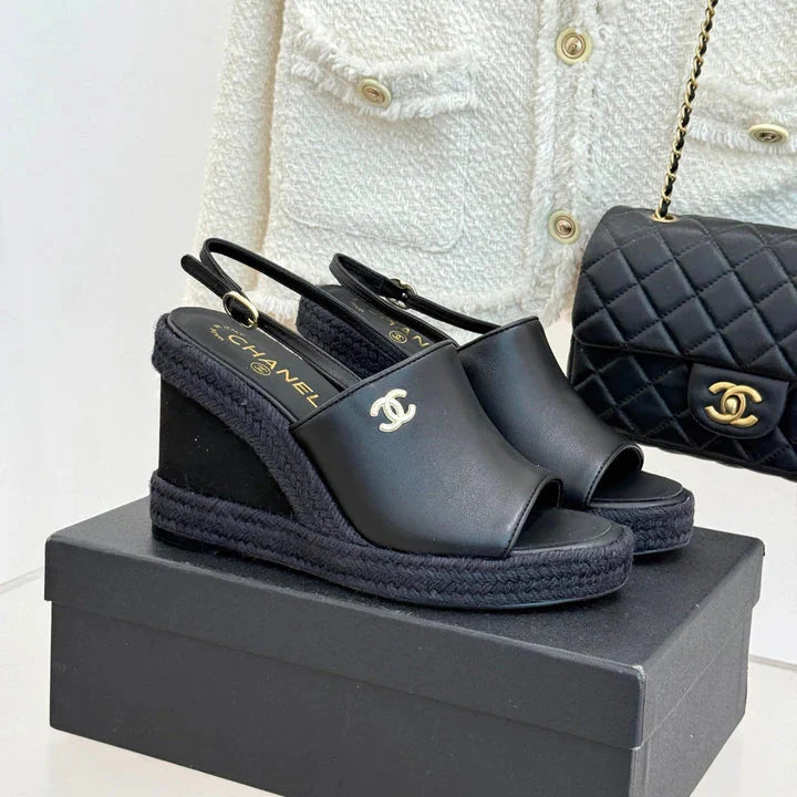 Chanel 26P Double C Rope Wedge Peep Toe Sandals Black in 706353