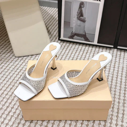 Mach & Mach Embellished Mules 95 White in Leather Diamonds 722811