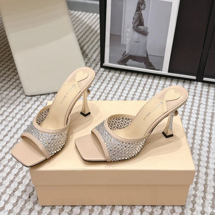 Mach & Mach Embellished Mules 95 Nude Beige in Leather Diamonds 722810