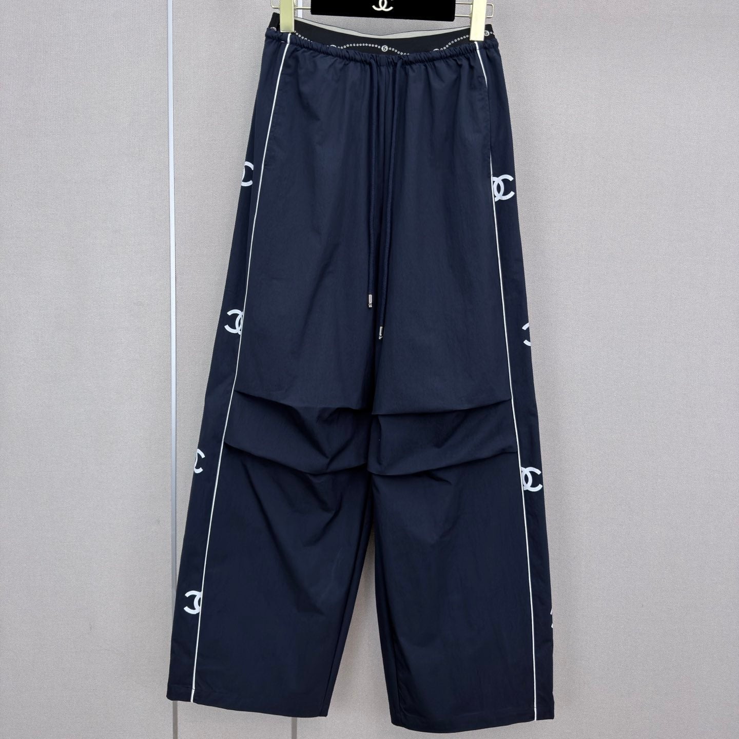 CC Double C Logo Printed Wide-leg Pants Navy Blue in Nylon 379604