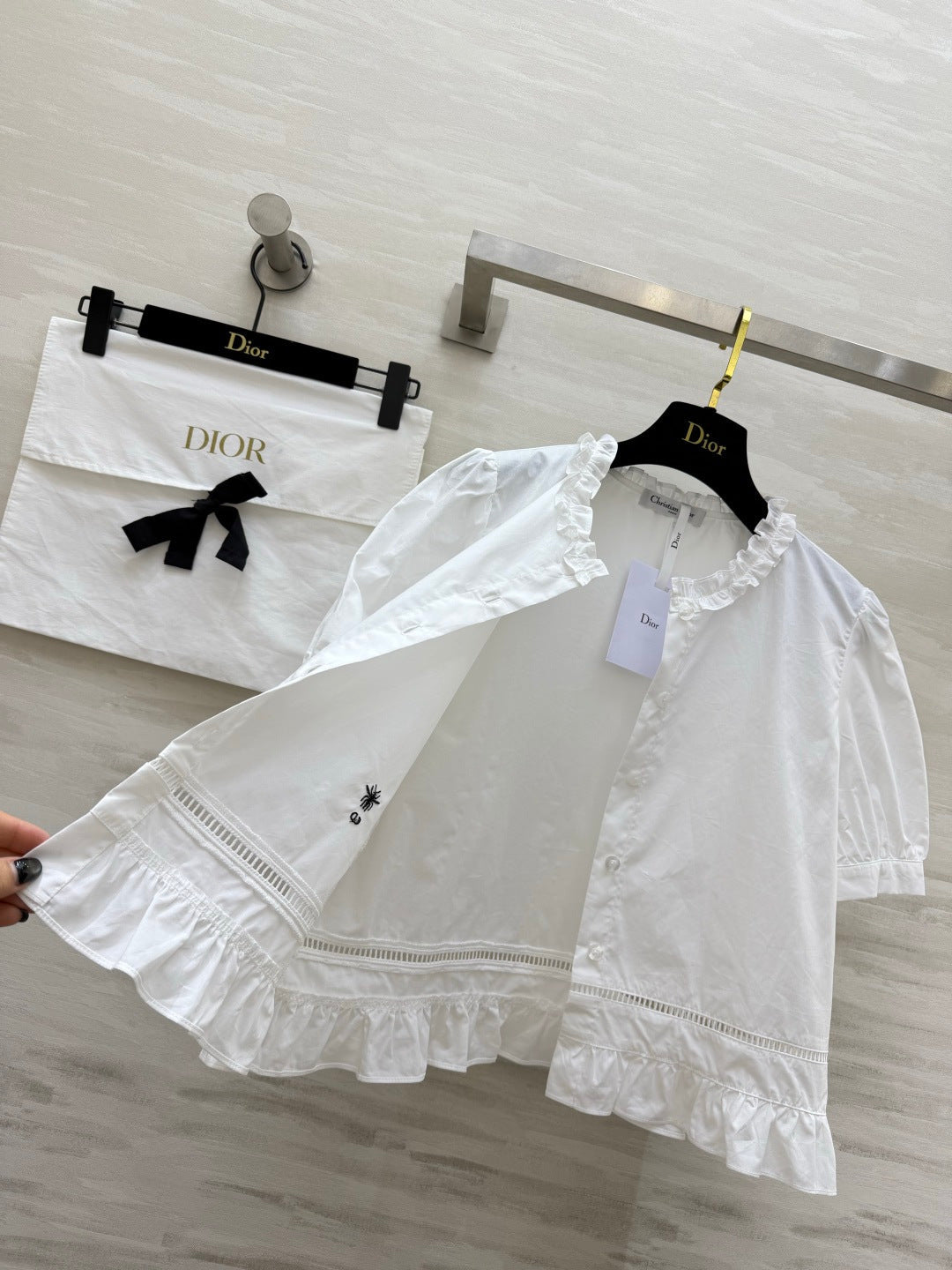 CD 26 Pure White Blouse with Ruffled Trim in Cotton 379288