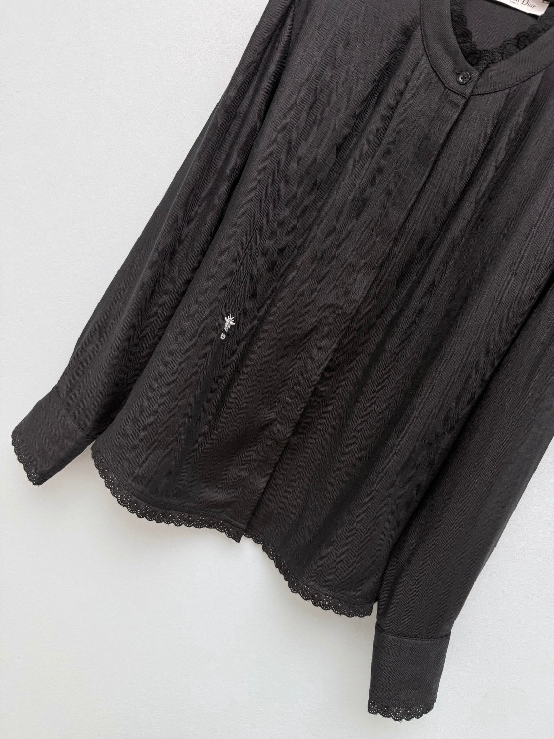 CD 26 Lace Stand Collar Shirt Black in Cotton 379092