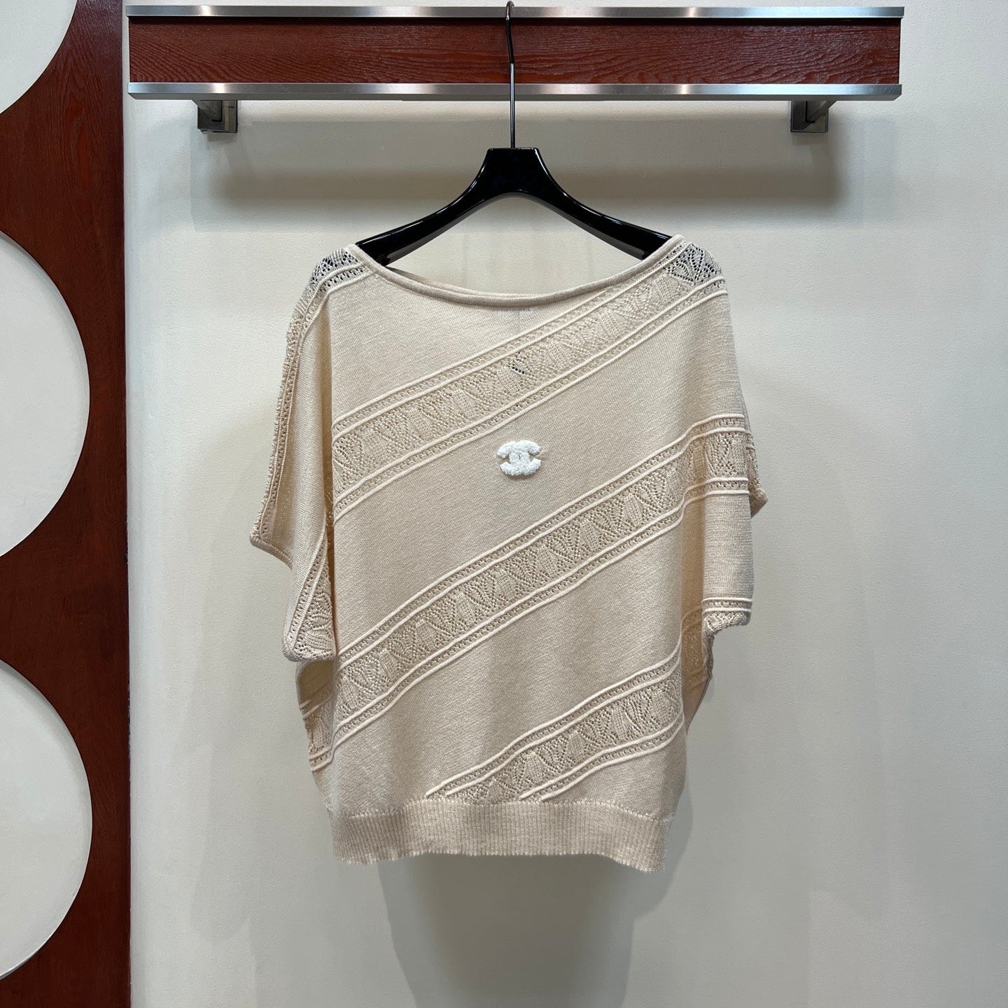 CC 26 Twill Openwork Knit Top Sandy Beige in Wool 385750