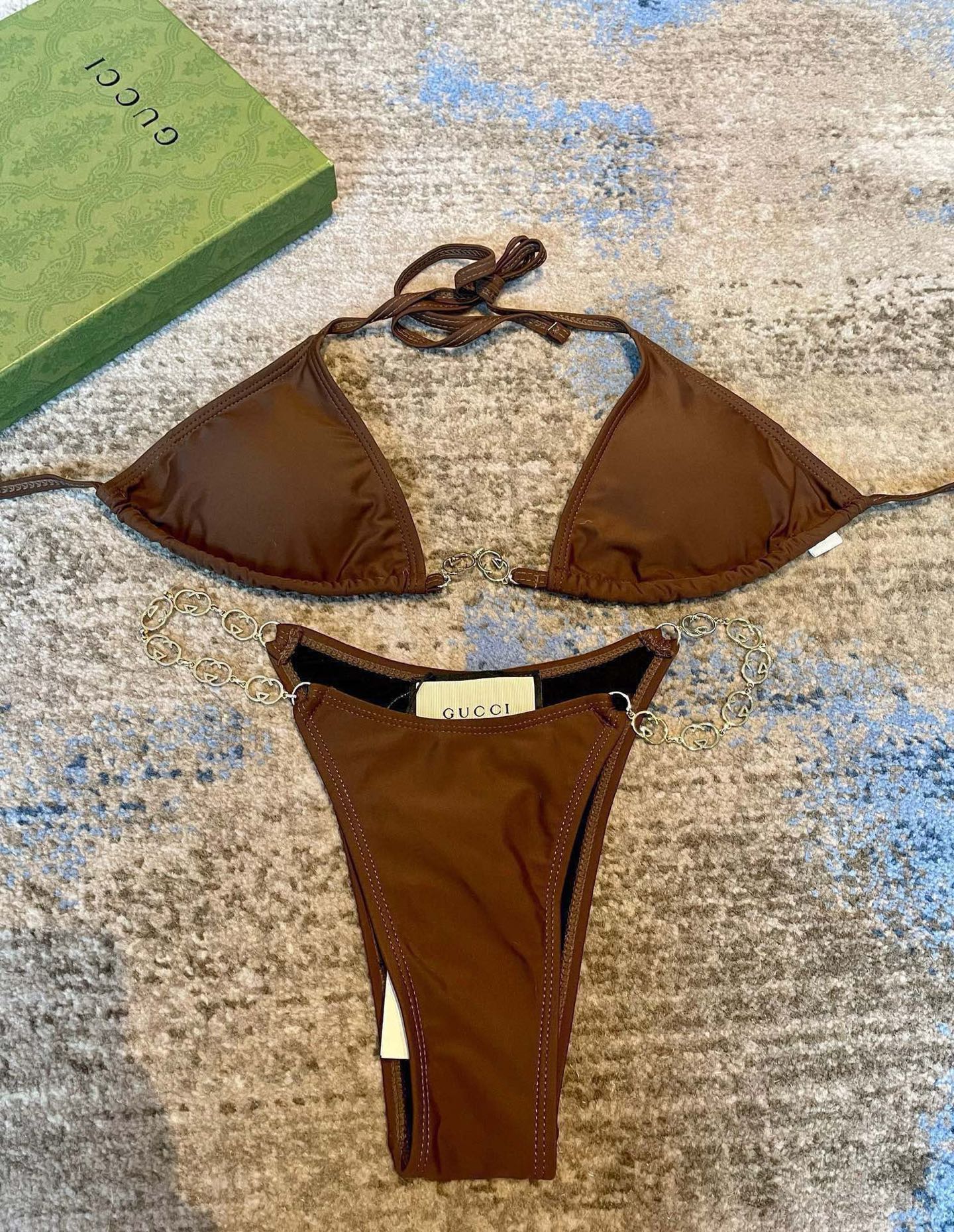 GG 26s Swimsuit Brown Featuring Gold Chain Link in Polyamide 241848