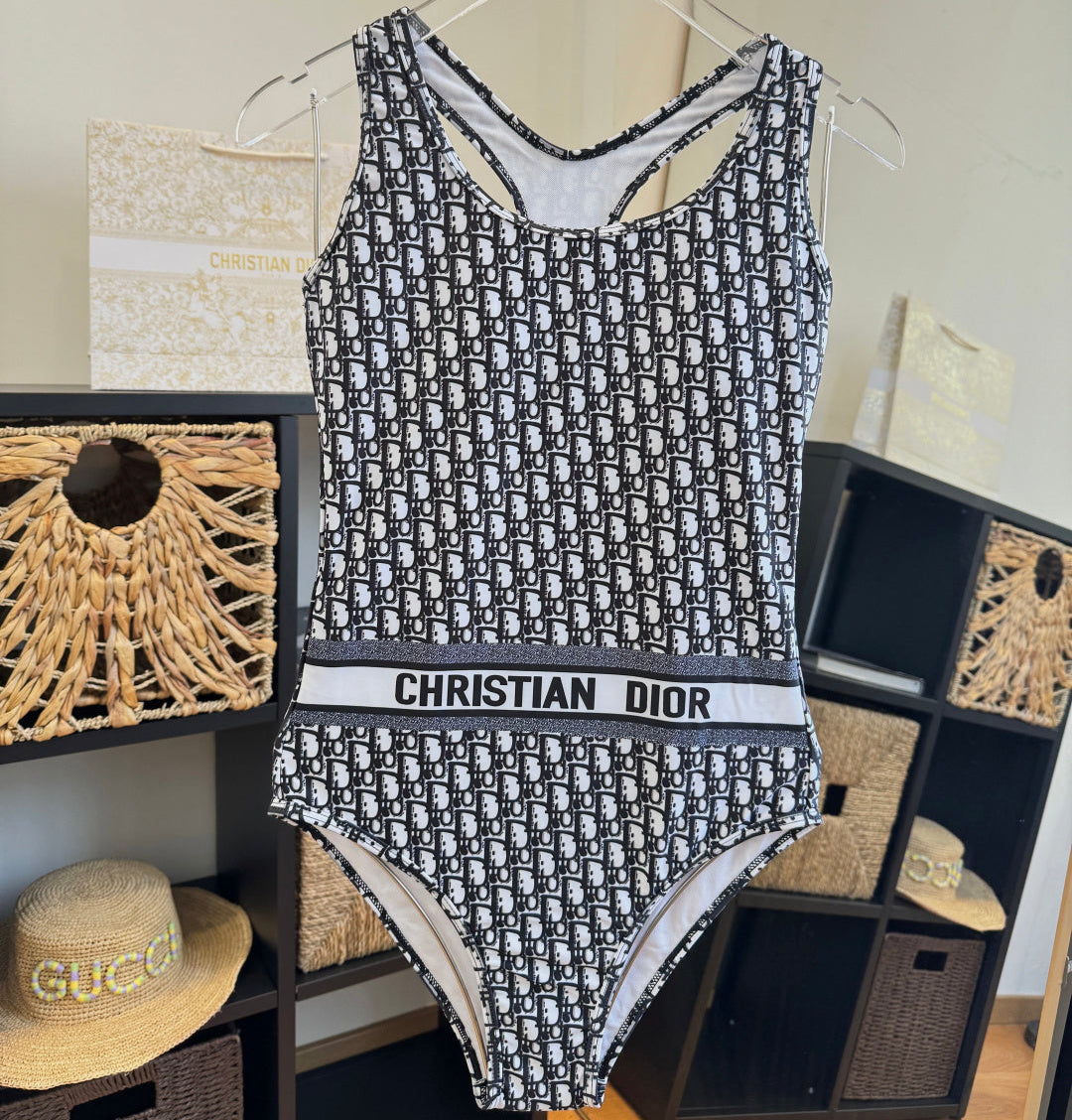 CD Oblique Print One-Piece Swimsuit Black in Polyamide 261388