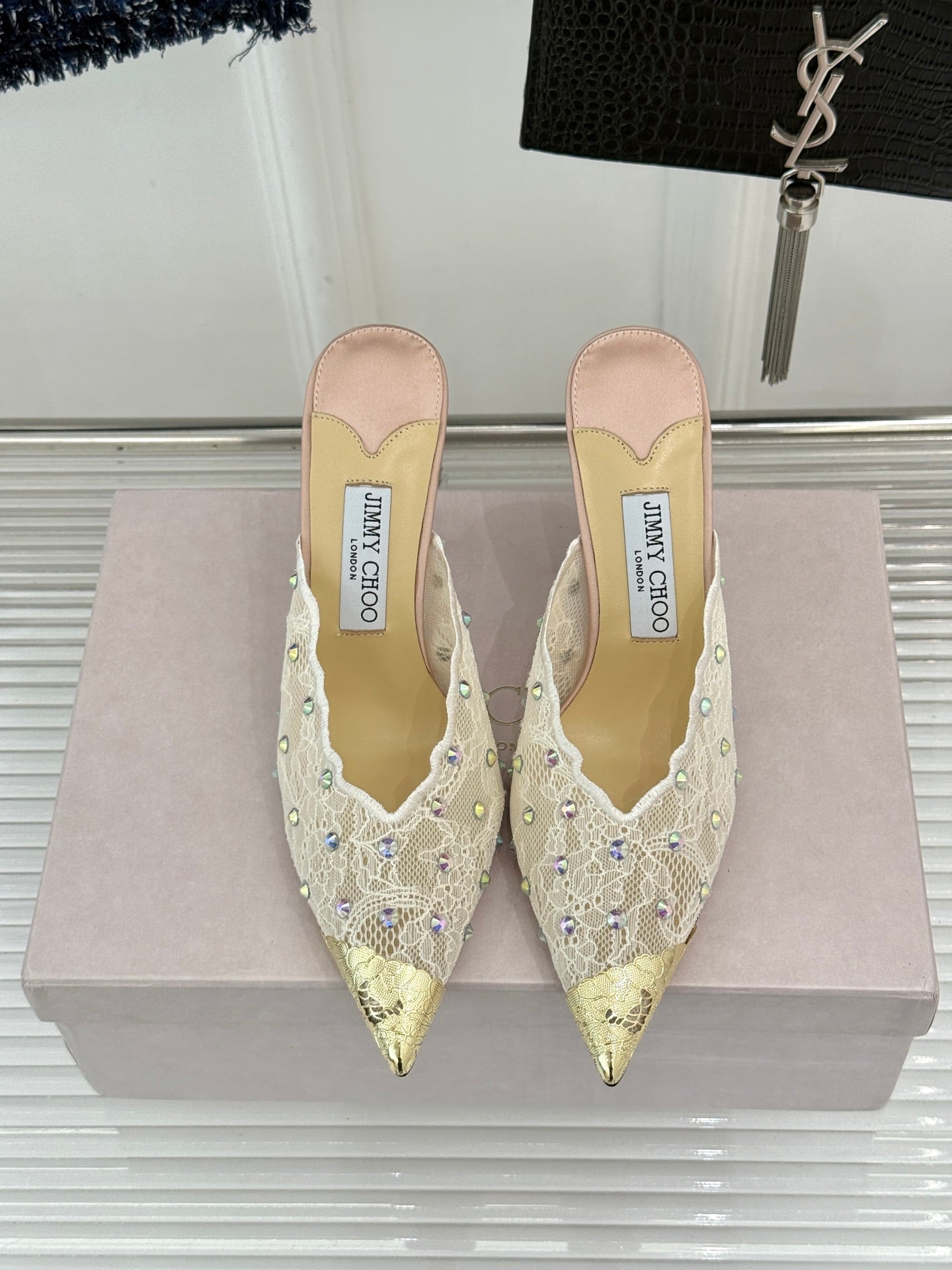 Jimmy Rhinestone Toe High-Heeled 10 Sandals Beige in Lace Metallic 803386