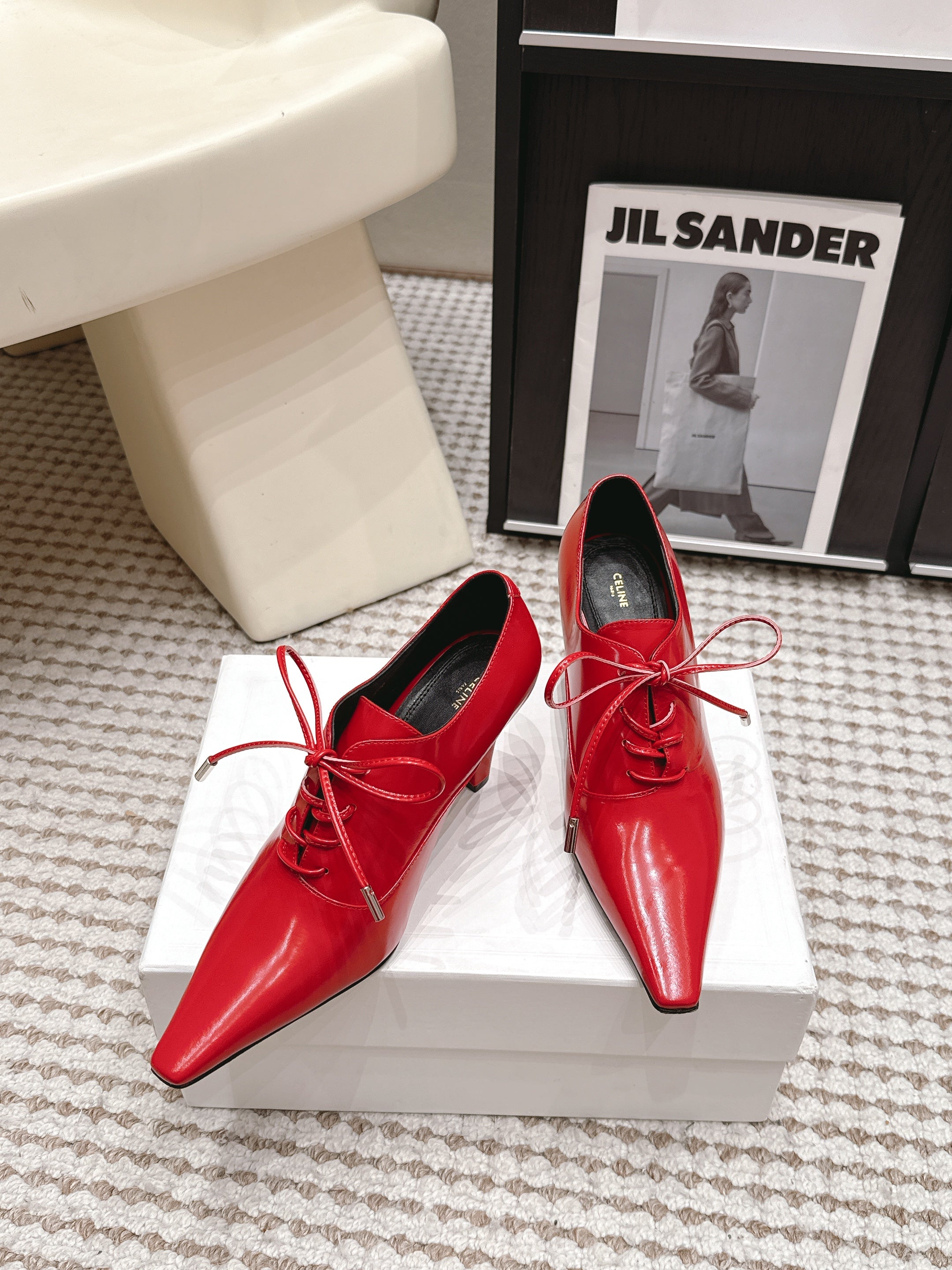 Celine 26 Square Toe Lace-up Oxford Heels 85 Red in Lambskin 813302