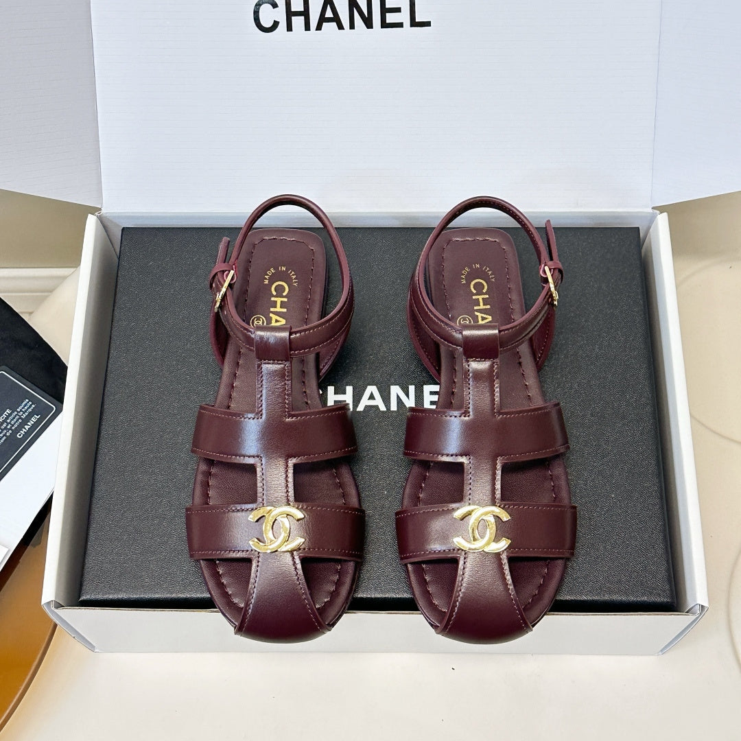 CC 26 T-strap Openwork Roman Sandals Burgundy in Cowhide 815986