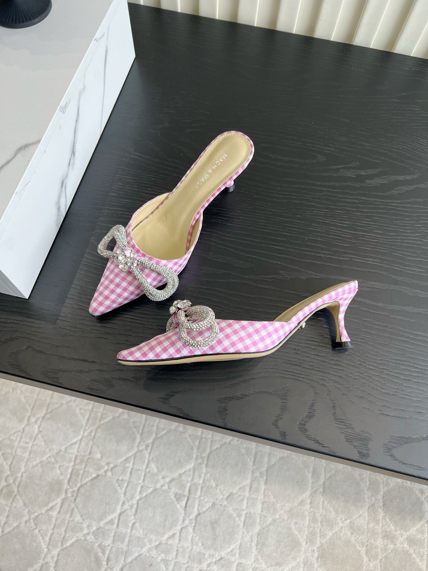 Mach Gingham Bow Slingback Pumps Pink White Fabric 851906