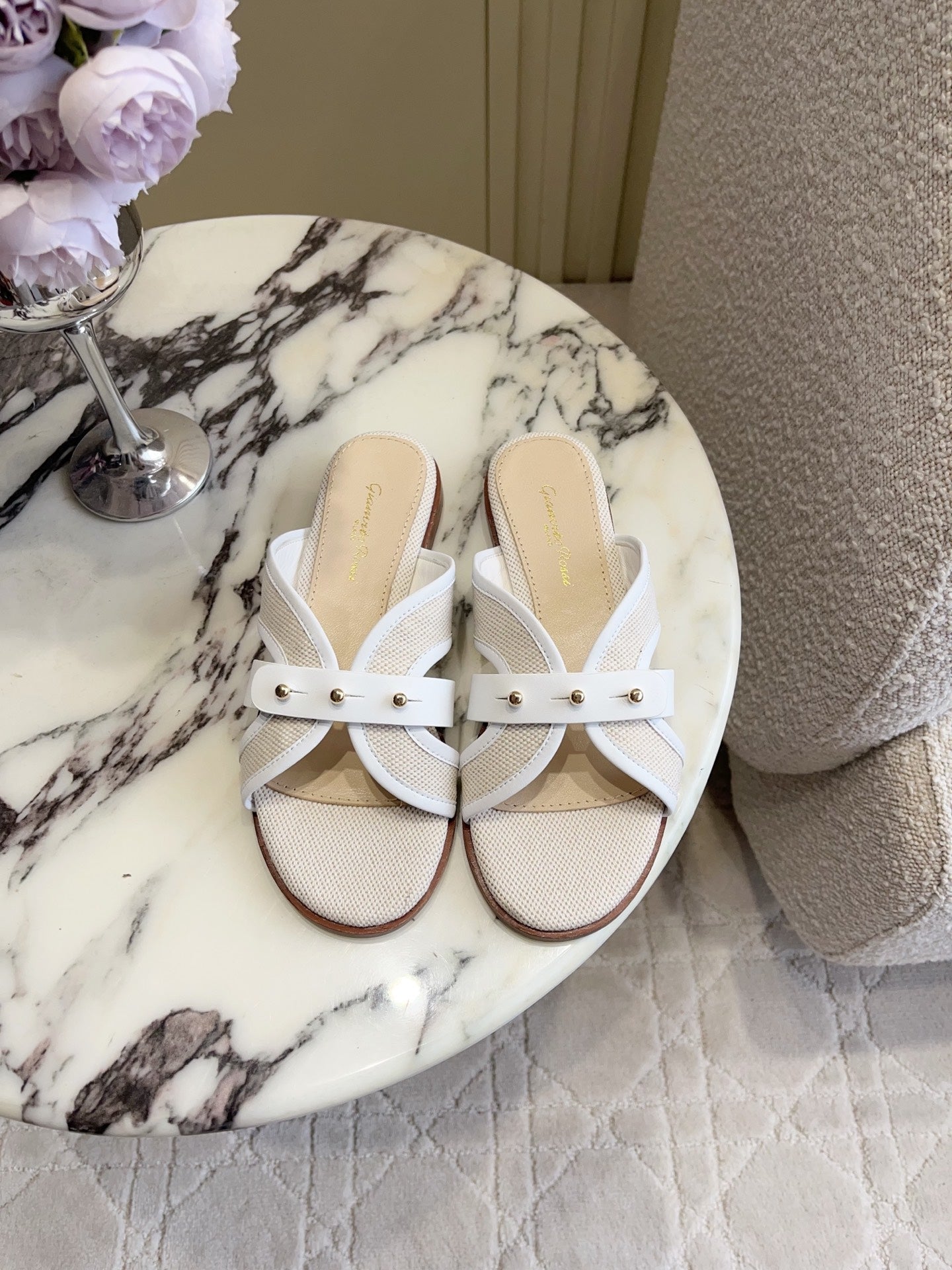 GR Paros Studded Flat Sandals White Cowhide & Fabric 851844