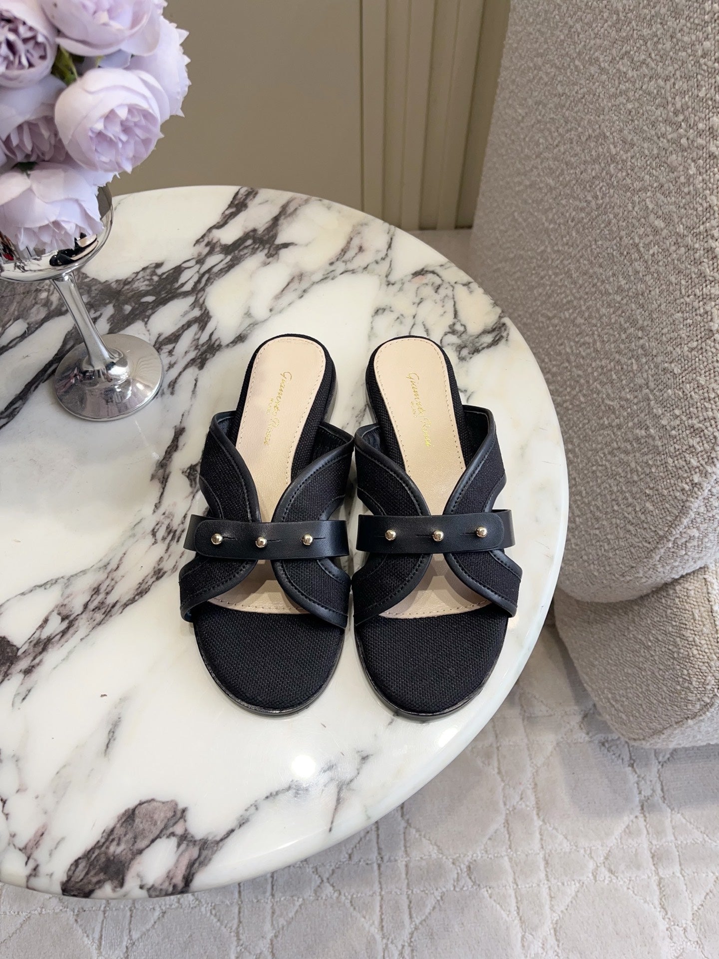 GR Paros Studded Flat Sandals Black Cowhide & Fabric 851842