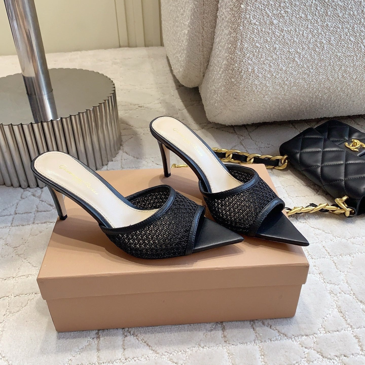 GR Pointed-Toe Mule Sandals 8.5cm Black Cowhide & Mesh 854881