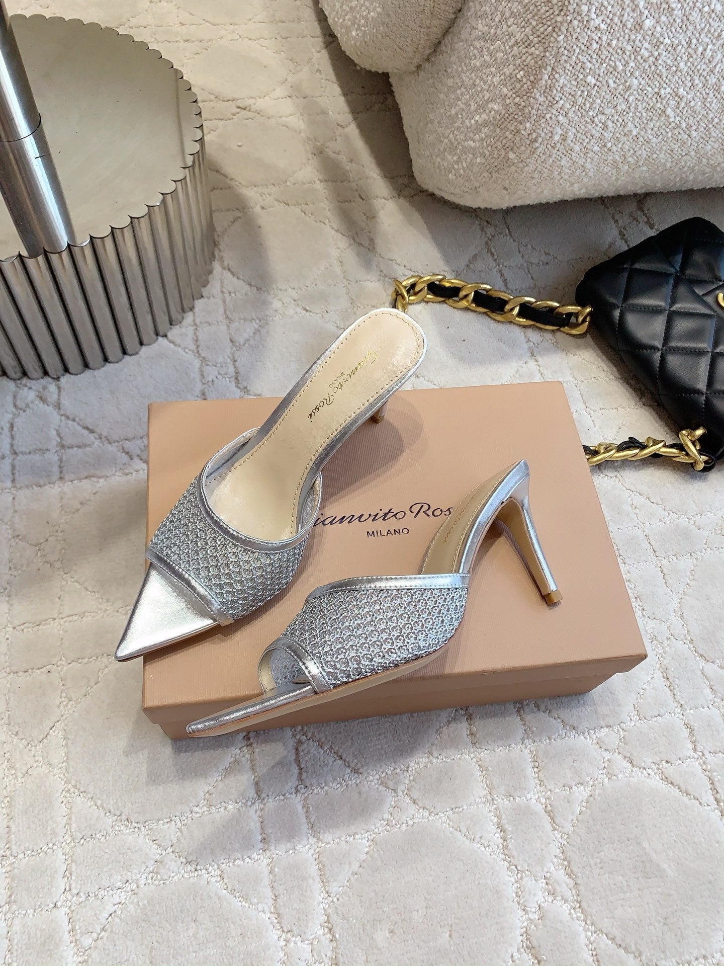 GR Pointed-Toe Mule Sandals 8.5cm Silver Metallic Cowhide & Mesh 854880