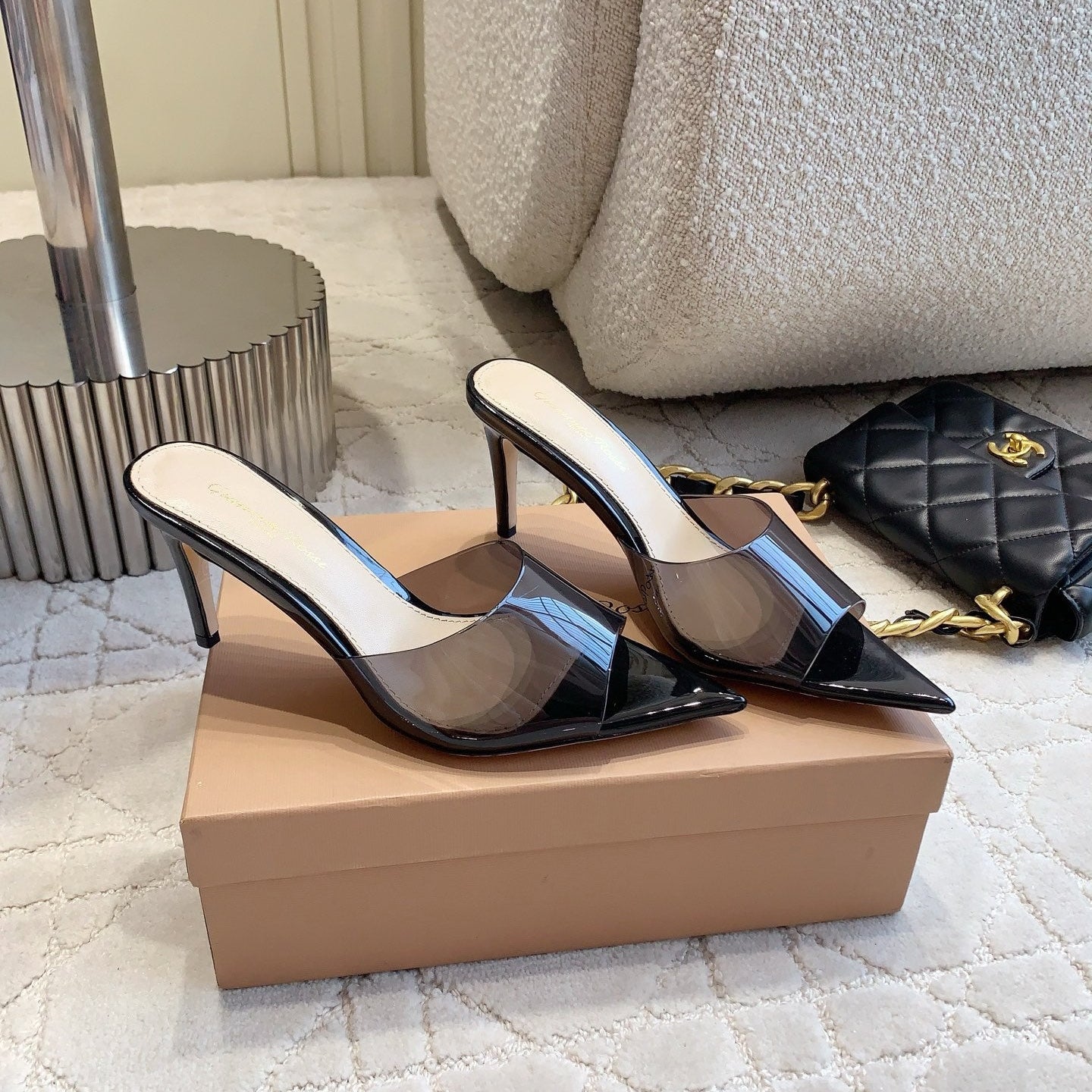 GR Pointed-Toe Mule Sandals 8.5cm Black Patent Cowhide & PVC 854878